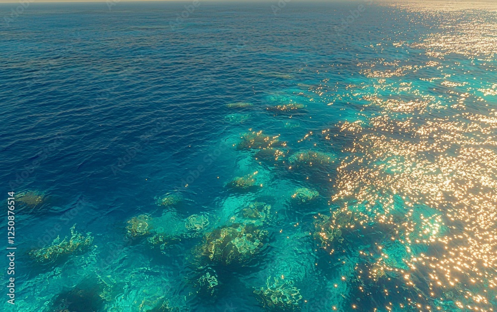 Fototapeta premium Ocean surface, vibrant coral reef, sunlight reflections