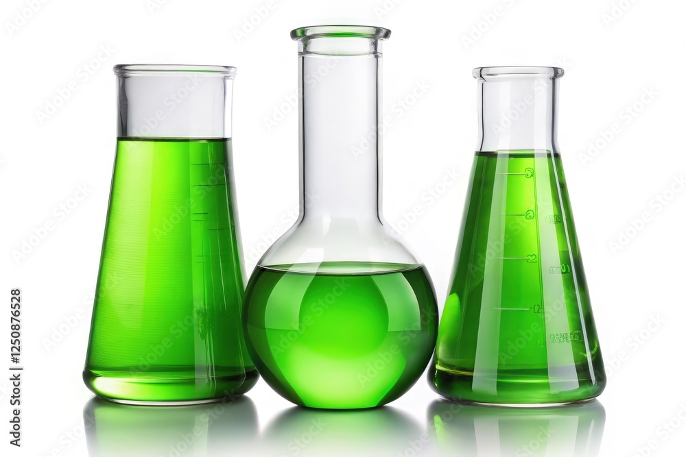 Flask and Beaker Set With Green Liquid on a Standard Scale. Generative AI Flask and Beaker Set With Green Liquid on a Standard Scale. Generative AI