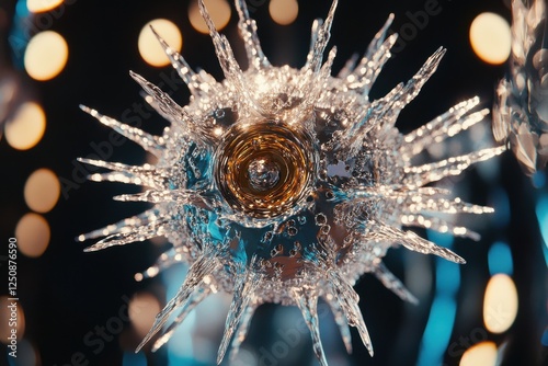 Glittering Glass Sculpture with Spikes and Soft Bokeh Background