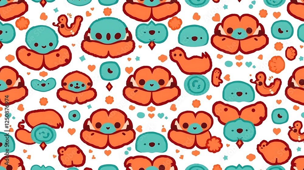 Playful Creature Pattern: A cheerful and whimsical seamless pattern featuring cute cartoon creatures and abstract shapes in vibrant orange and teal. Playful Creature Pattern: A cheerful and whimsical seamless pattern featuring cute cartoon creatures and abstract shapes in vibrant orange and teal.