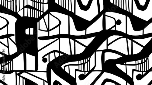 Abstract Black and White Graffiti: A dynamic and energetic abstract design featuring bold black lines and shapes against a white background, reminiscent of graffiti art.