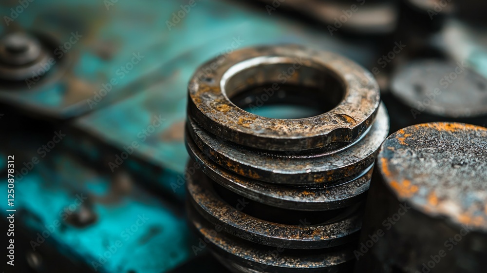 Close-Up of Stacked Metal Washers on a Rusty Industrial Surface Close-Up of Stacked Metal Washers on a Rusty Industrial Surface