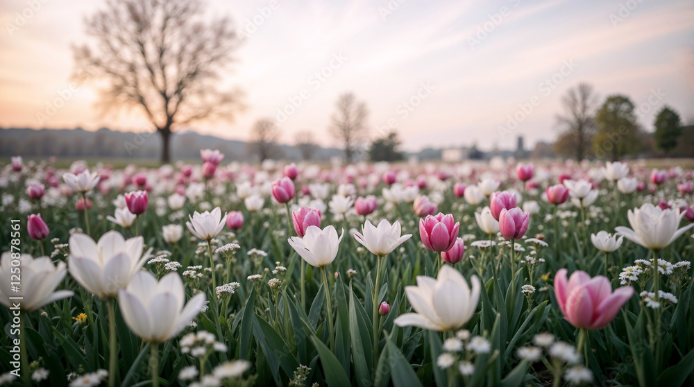Spring meadow at sunrise, wildflowers (tulips, daffodils), soft bokeh effect, pastel gradient sky Spring meadow at sunrise, wildflowers (tulips, daffodils), soft bokeh effect, pastel gradient sky