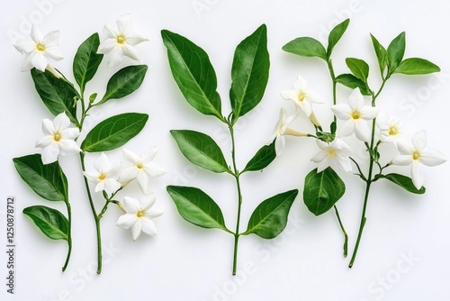 A cluster of pure white flowers sits atop a smooth white surface, awaiting attention