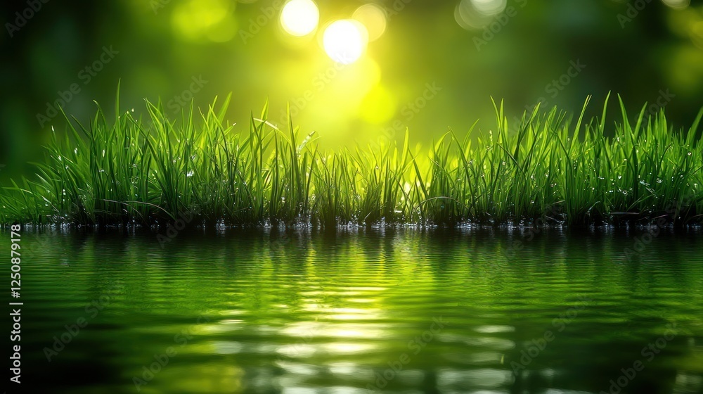 Obraz premium Sunrise, green grass, lake, reflection, nature