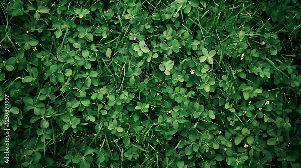 A dense patch of green grass with a few scattered leaves and tiny flowers growing amid the blades A dense patch of green grass with a few scattered leaves and tiny flowers growing amid the blades
