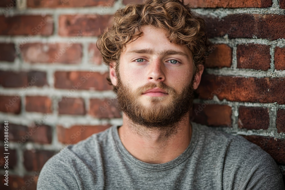 Handsome man with a beard and curly hair posing casually against a brick wall. Handsome man with a beard and curly hair posing casually against a brick wall.