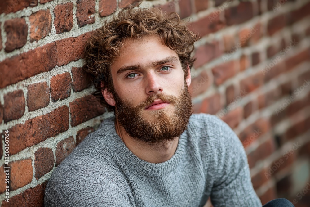 Handsome man with a beard and curly hair posing casually against a brick wall. Handsome man with a beard and curly hair posing casually against a brick wall.