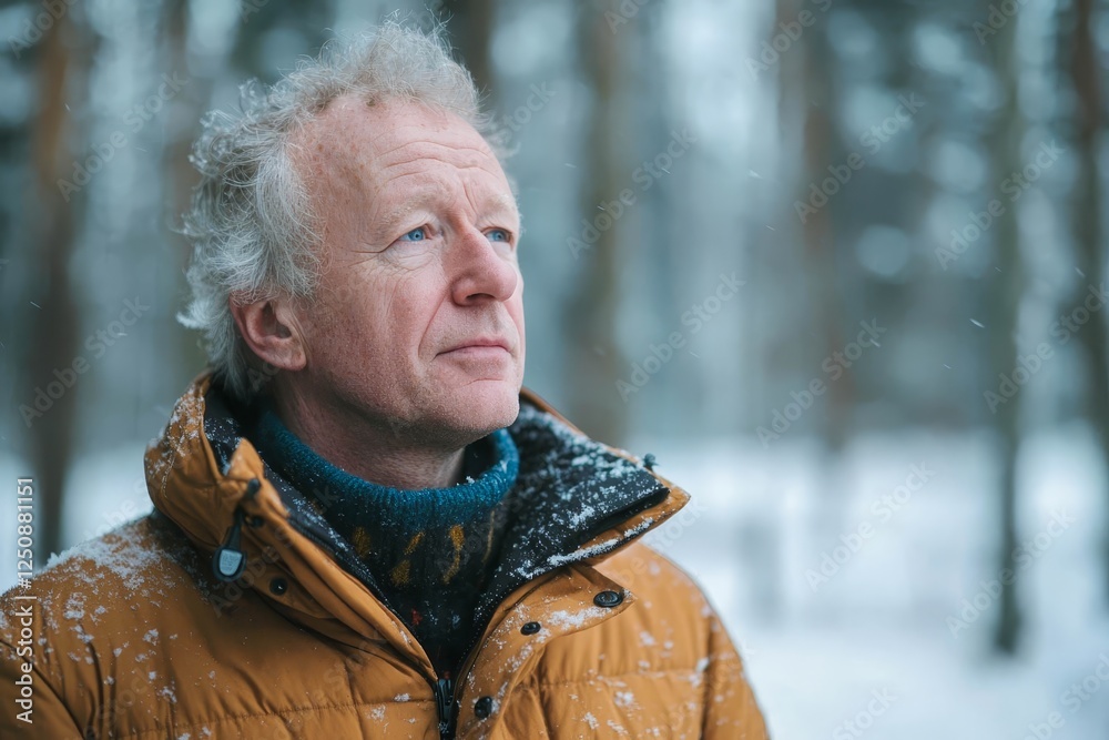 Fototapeta premium Portrait of a man in a winter coat with a snowy forest behind him, looking calm.
