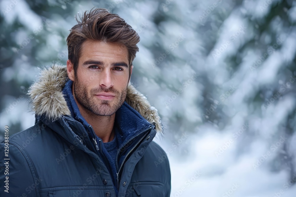 Portrait of a man in a winter coat with a snowy forest behind him, looking calm. Portrait of a man in a winter coat with a snowy forest behind him, looking calm.