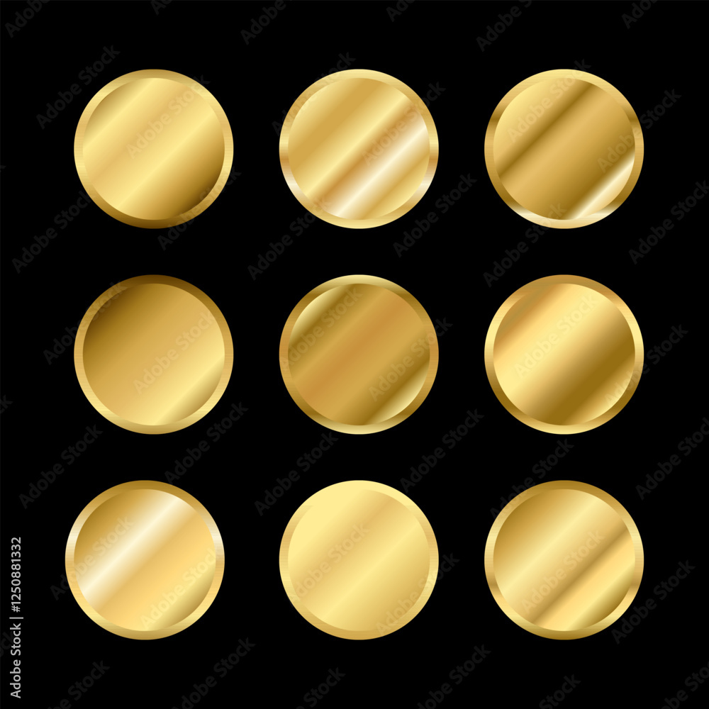 Golden gradients set. Round Circle badge Metallic gold gradients. Elegant gold swatch palette collection. A creative element for your design or logo banner and medal