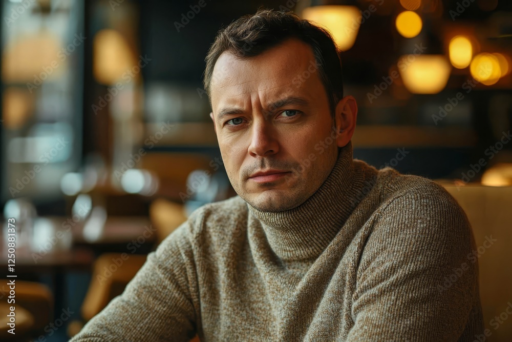 Portrait of a thoughtful man in a turtleneck sitting in a modern cafe, warm atmosphere. Portrait of a thoughtful man in a turtleneck sitting in a modern cafe, warm atmosphere.