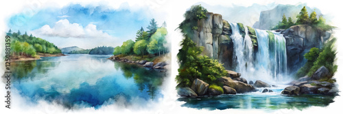 Scenic watercolor landscape, tranquil river view, lush green trees, cascading waterfall, serene nature scene, artistic illustration.