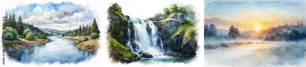 Obraz premium Scenic watercolor landscapes, serene river views, majestic waterfalls, vibrant nature scenes, peaceful sunset moments.