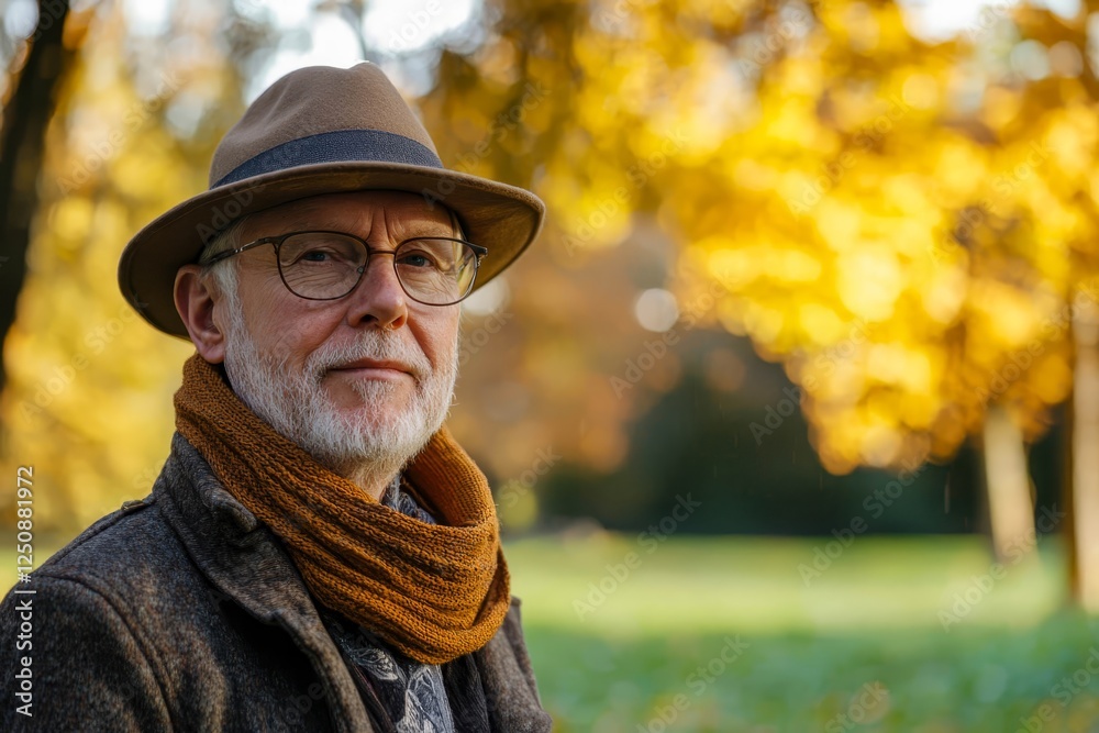 Senior man in a hat and scarf standing in an autumn park, peaceful atmosphere. Senior man in a hat and scarf standing in an autumn park, peaceful atmosphere.