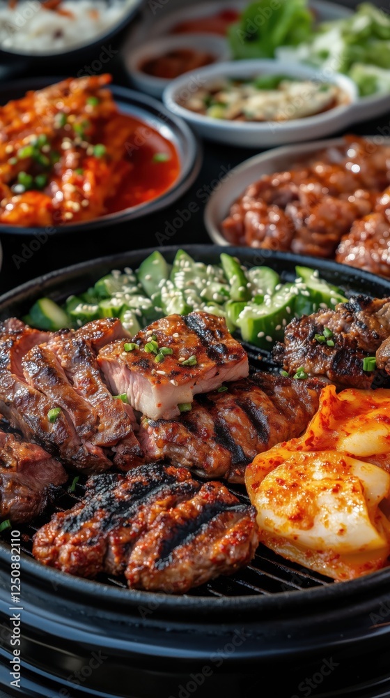 Juicy grilled meats with herbs and spices are plated alongside fresh vegetables during a lively outdoor barbecue event Juicy grilled meats with herbs and spices are plated alongside fresh vegetables during a lively outdoor barbecue event
