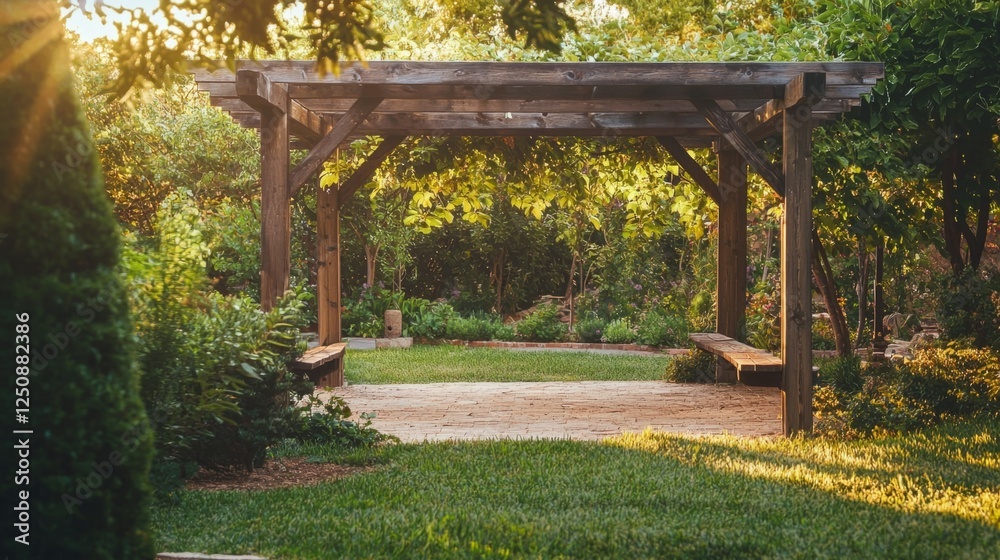 Serene Garden Pavilion Surrounded by Lush Greenery and Sunlight