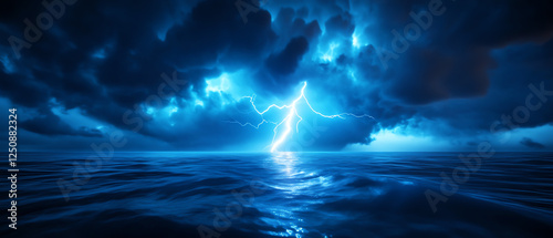 A dramatic scene depicting a thunderstorm over an ocean, featuring vibrant blue lightning illuminating the dark sky and water. photo