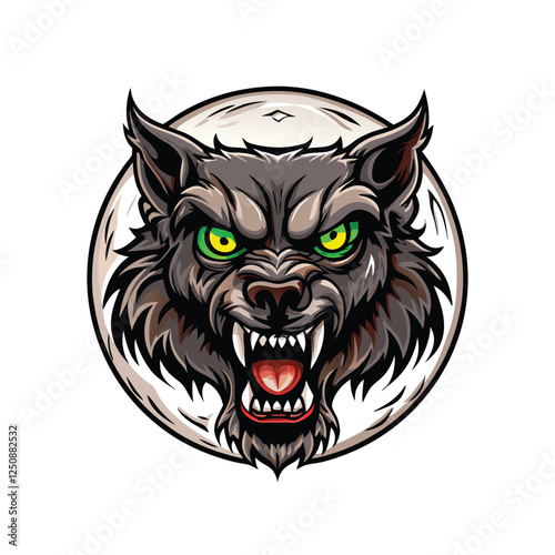 A terrifying werewolf monster, fur matted with blood, glowing green eyes, bared fangs, claws extended, dark forest setting.