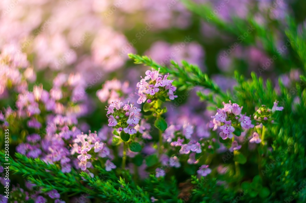 Defocused background with blooming thyme flowers in soft focus, glowing under gentle sunlight. Defocused background with blooming thyme flowers in soft focus, glowing under gentle sunlight.