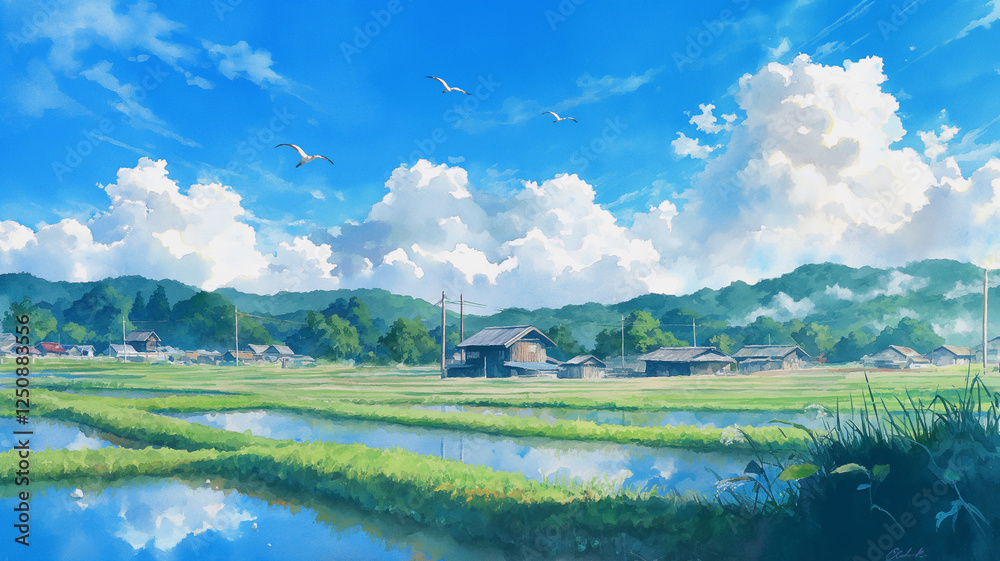 のどかな農村風景|山々と広がる田んぼ、穏やかな自然の景色 のどかな農村風景|山々と広がる田んぼ、穏やかな自然の景色