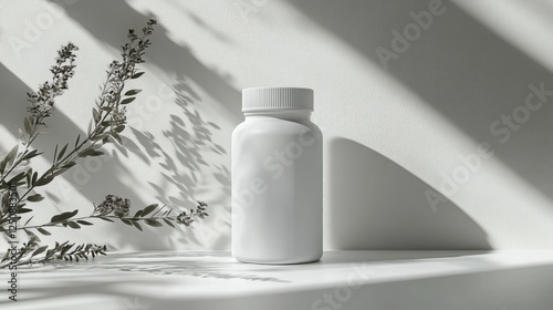 Modern supplement bottle and medicine bottle displayed on a shelf in a clean and organized setting