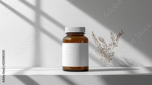 Modern supplement bottle and medicine bottle on a shelf in a well-organized storage area