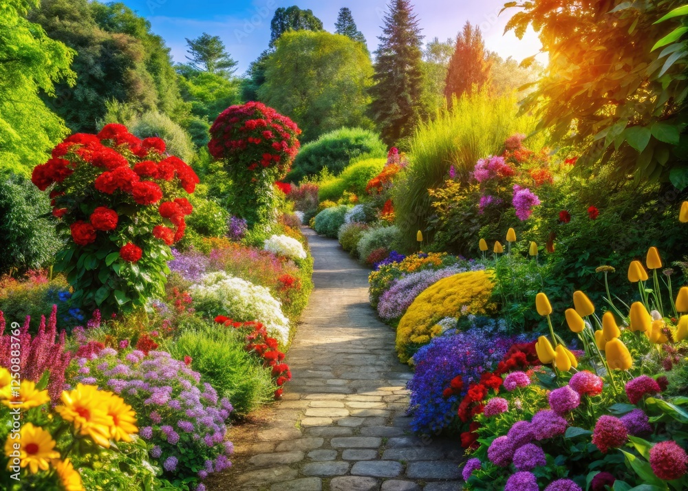 Naklejka premium Serene spring/summer landscape: sunny path, blooming flowers, vibrant floral pathway.