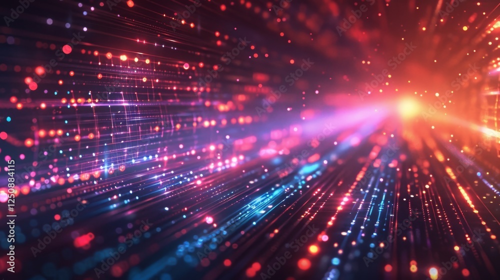 Vibrant light trails create an immersive digital landscape filled with color and depth