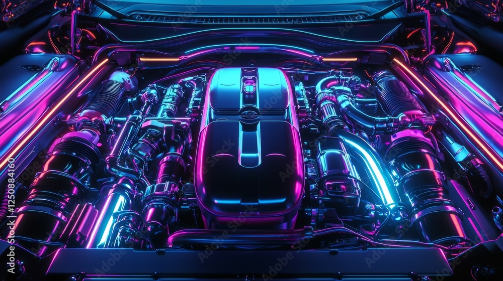 Vibrant Neon Car Engine with Glowing Pipes and Details Under Light Vibrant Neon Car Engine with Glowing Pipes and Details Under Light
