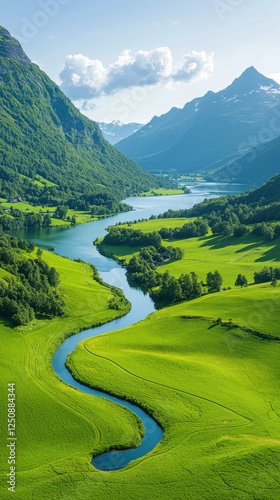 Breathtaking river landscape norwegian fjords aerial view nature's serenity vibrant greens