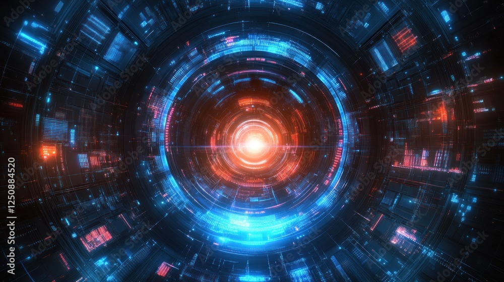 Abstract digital tunnel with glowing neon lights and technological elements. Abstract digital tunnel with glowing neon lights and technological elements.