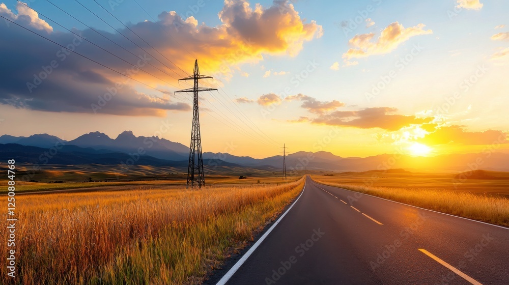 Power grid transmission facility in a picturesque rural landscape with pylons and power lines set against a backdrop of a dramatic golden sunset sky with clouds Power grid transmission facility in a picturesque rural landscape with pylons and power lines set against a backdrop of a dramatic golden sunset sky with clouds