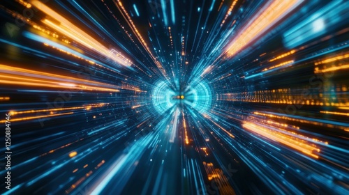 Abstract digital tunnel with glowing orange and blue light streaks.