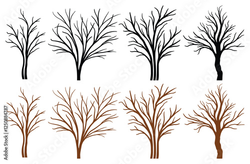 Hand drawn tree branches collection, dry tree branches on white background. Dead vector illustration forest design and element landscape season. Black branch tree trunk or naked trees silhouettes set