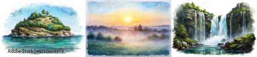 Scenic watercolor landscapes, serene island views, vibrant sunset hues, tranquil waterfall scenes, nature's beauty captured.