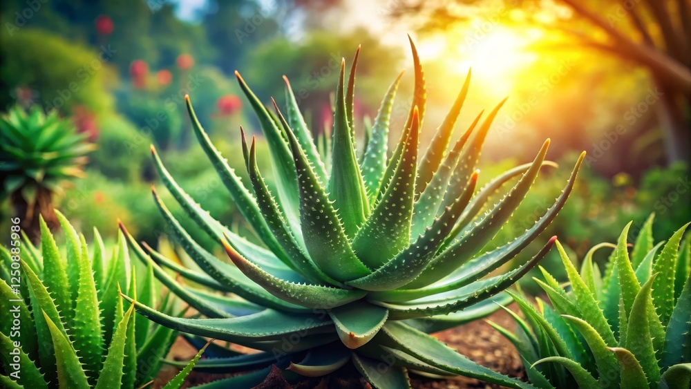 Vibrant Aloe Vera Plant Surrounded by Lush Greenery and Sunrise Glow Vibrant Aloe Vera Plant Surrounded by Lush Greenery and Sunrise Glow