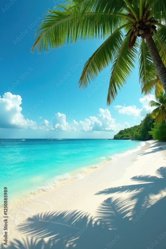 Turquoise waves lap a white sand beach, lush palms overhead , beauty, palm trees, vibrant Turquoise waves lap a white sand beach, lush palms overhead , beauty, palm trees, vibrant