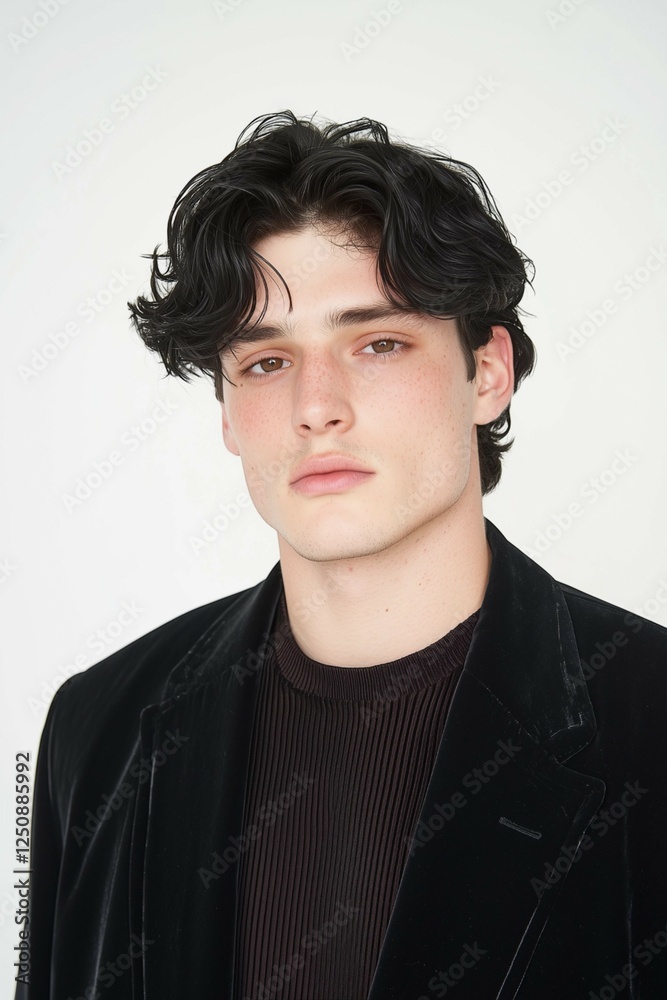 Obraz premium Young Man in Black Velvet Jacket with Natural Freckles