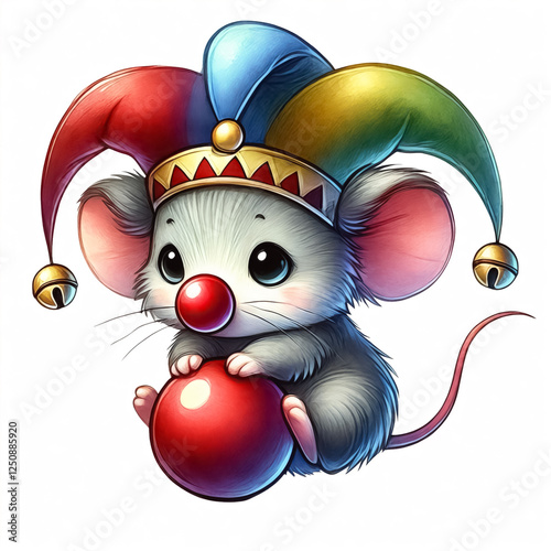 Tiny mouse wearing a jester hat, balancing on a big red nose photo