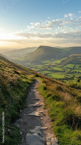 Scenic Mountain Trail Under Bright Sky at Golden Hour