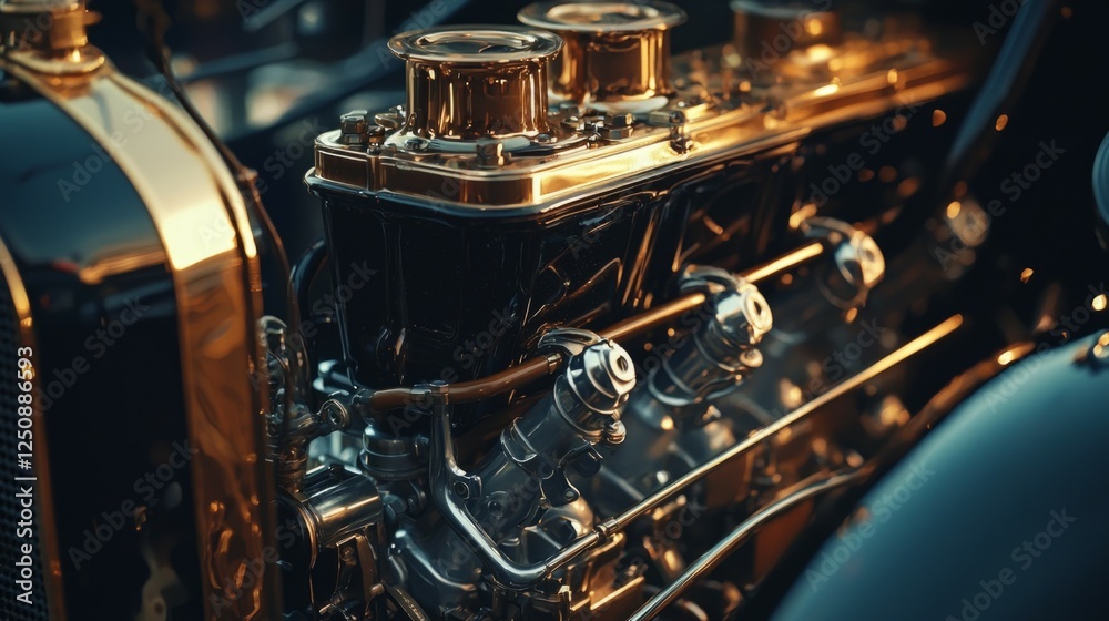 Fototapeta premium Vintage Engine with Polished Chrome and Brass Details Shine