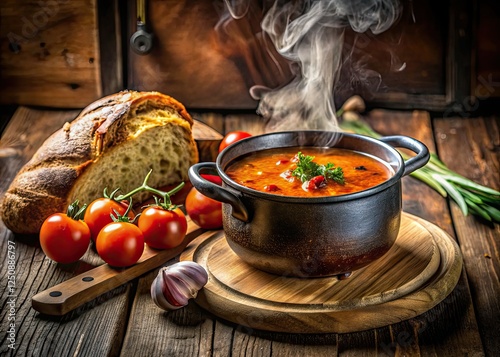 Steaming broth, crusty bread, cozy kitchen warmthâ€”macro lens captures culinary comfort.