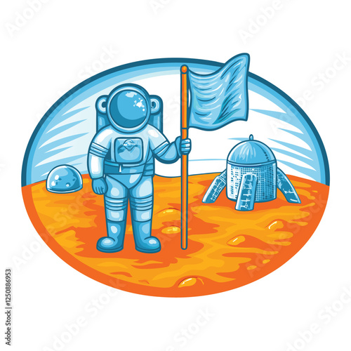 A bold, vector illustration of an astronaut planting a flag on the Martian surface, showcasing a detailed spacesuit and realistic planetary landscape.