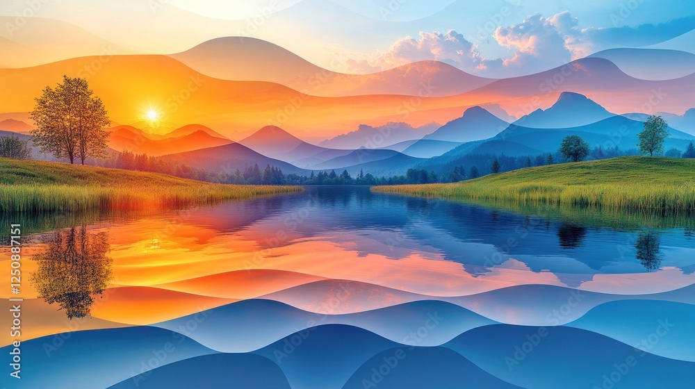 Fototapeta premium Sunset lake, mountain reflection, idyllic scene, nature panorama
