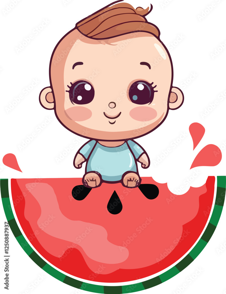 Cute little child smiling sitting on a watermelon illustration Cute little child smiling sitting on a watermelon illustration