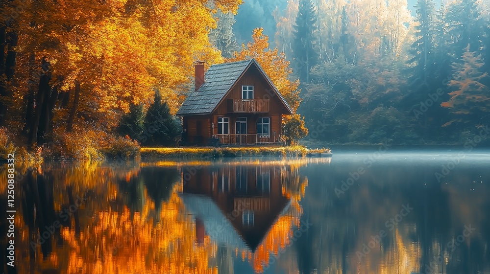 Serene Autumn Lake House Surrounded by Vibrant Fall Foliage Serene Autumn Lake House Surrounded by Vibrant Fall Foliage