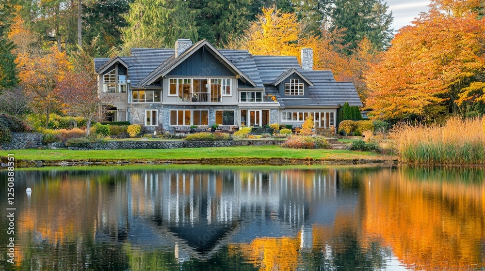 Serene Autumn Reflection of Residence Surrounded by Colorful Trees Serene Autumn Reflection of Residence Surrounded by Colorful Trees