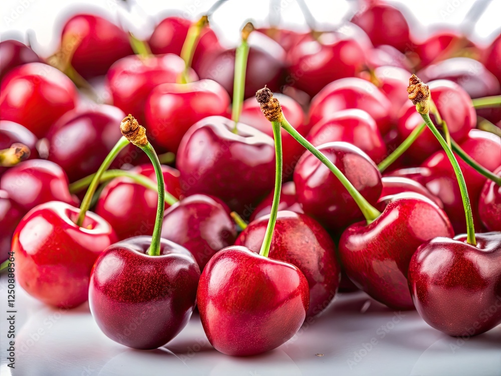 Sun-drenched cherries, scattered on white, evoke juicy summer sweetness. Sun-drenched cherries, scattered on white, evoke juicy summer sweetness.