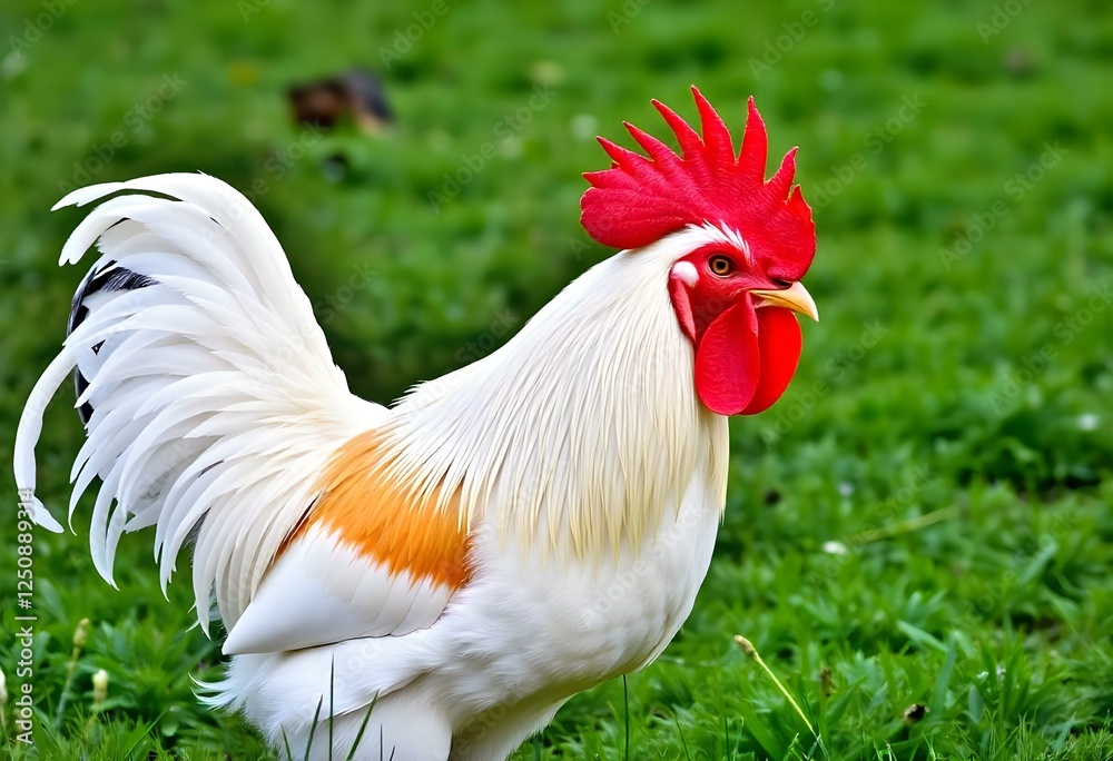 Fototapeta premium Generative AI Beautiful White Rooster with Bright Red Comb in Green Field